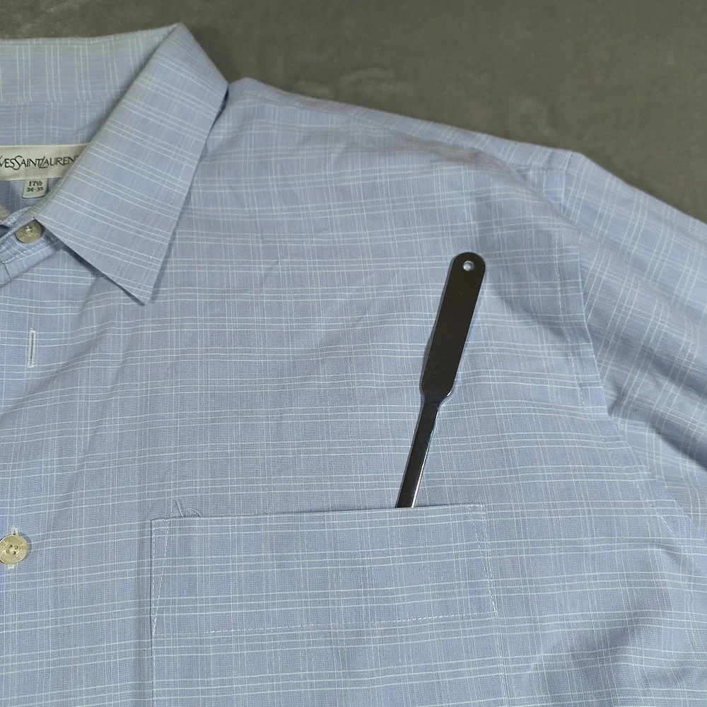 Vintage Yves Saint Laurent‎ Shirt Mens 17.5 Blue Plaid Long Sleeve Button Up USA